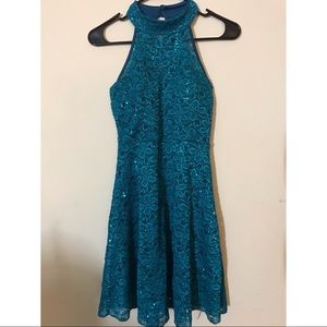 Turquoise/Teal Lace Sequin Fit and Flare Sleeveless Mini Dress Halter Neck